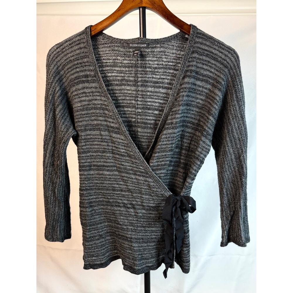 Eileen Fisher Womens Small S Gray Merino Wool Wrap Sweater Side Tie Quiet Luxury
